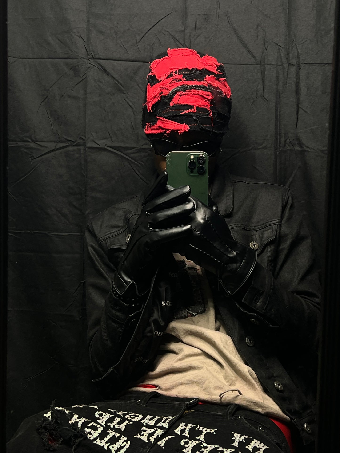 'Blood' Red/Black Denim Beanie